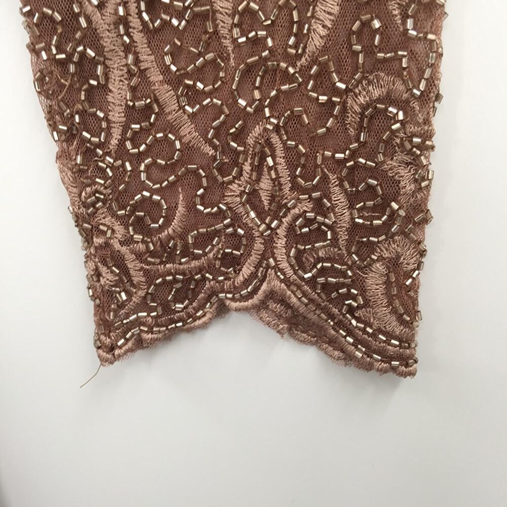 Pisarro Nights Beaded Sequin Embroidered Cocktail Dress Long Sleeve Tan Size 8 - Picture 9 of 12